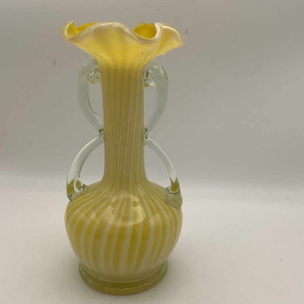 Vintage Murano Style Handblown Yellow and Clear Swirl Glass Vase